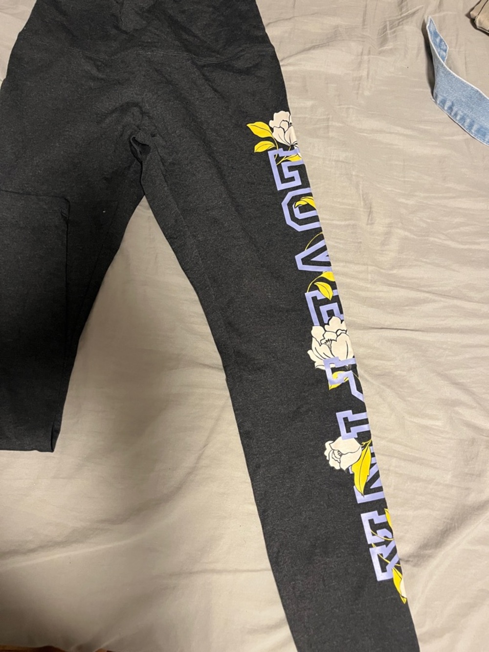 PINK Victoria's Secret Black Leggings with Lavender & Yellow Floral Print